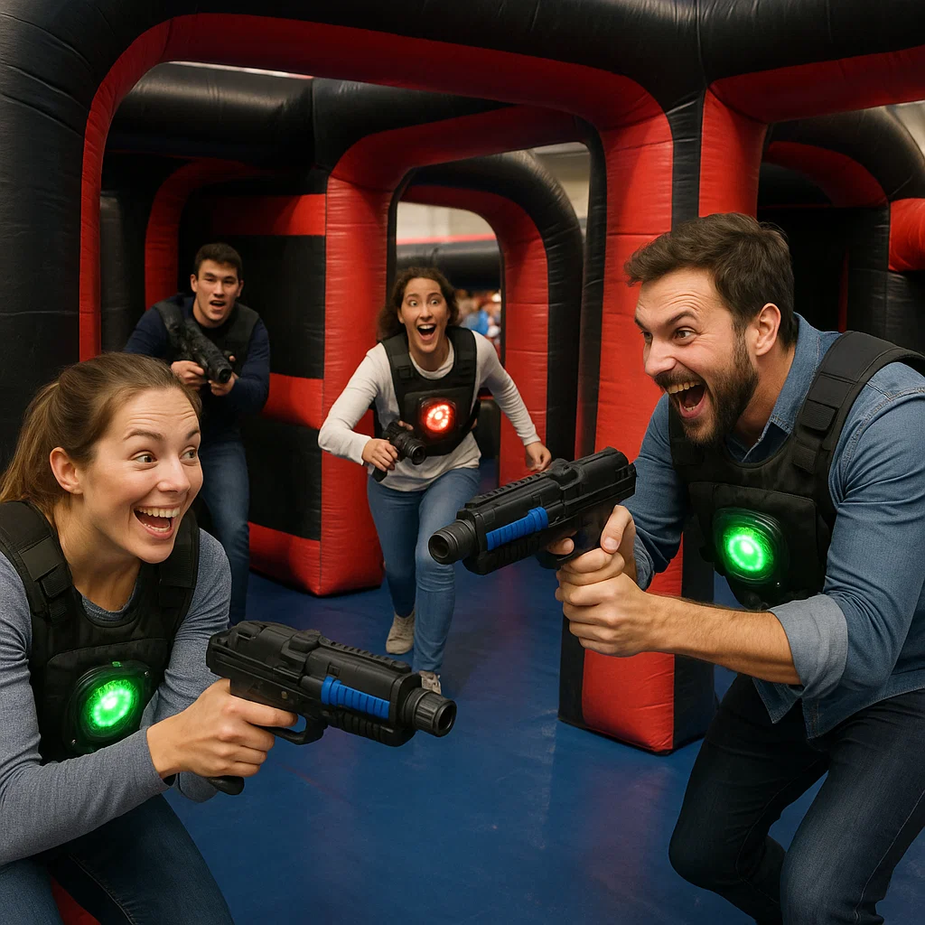 Laser tag rentals — two players trading long-range tags