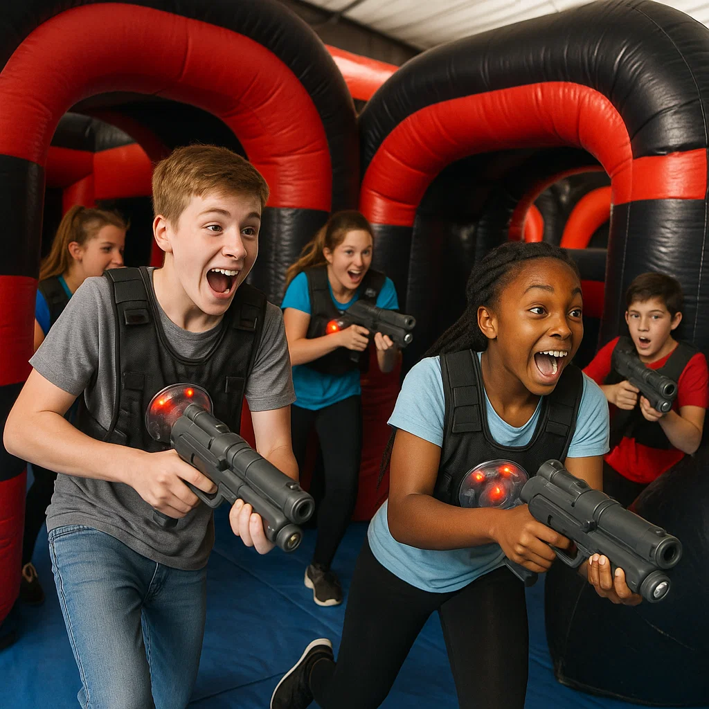 Laser tag rentals — coach guiding first-time players