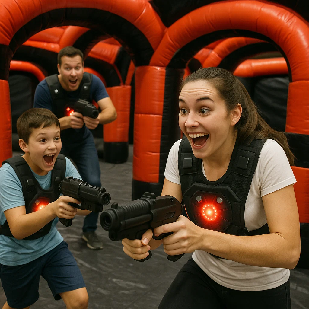 Laser tag rentals — teammates covering each other’s push