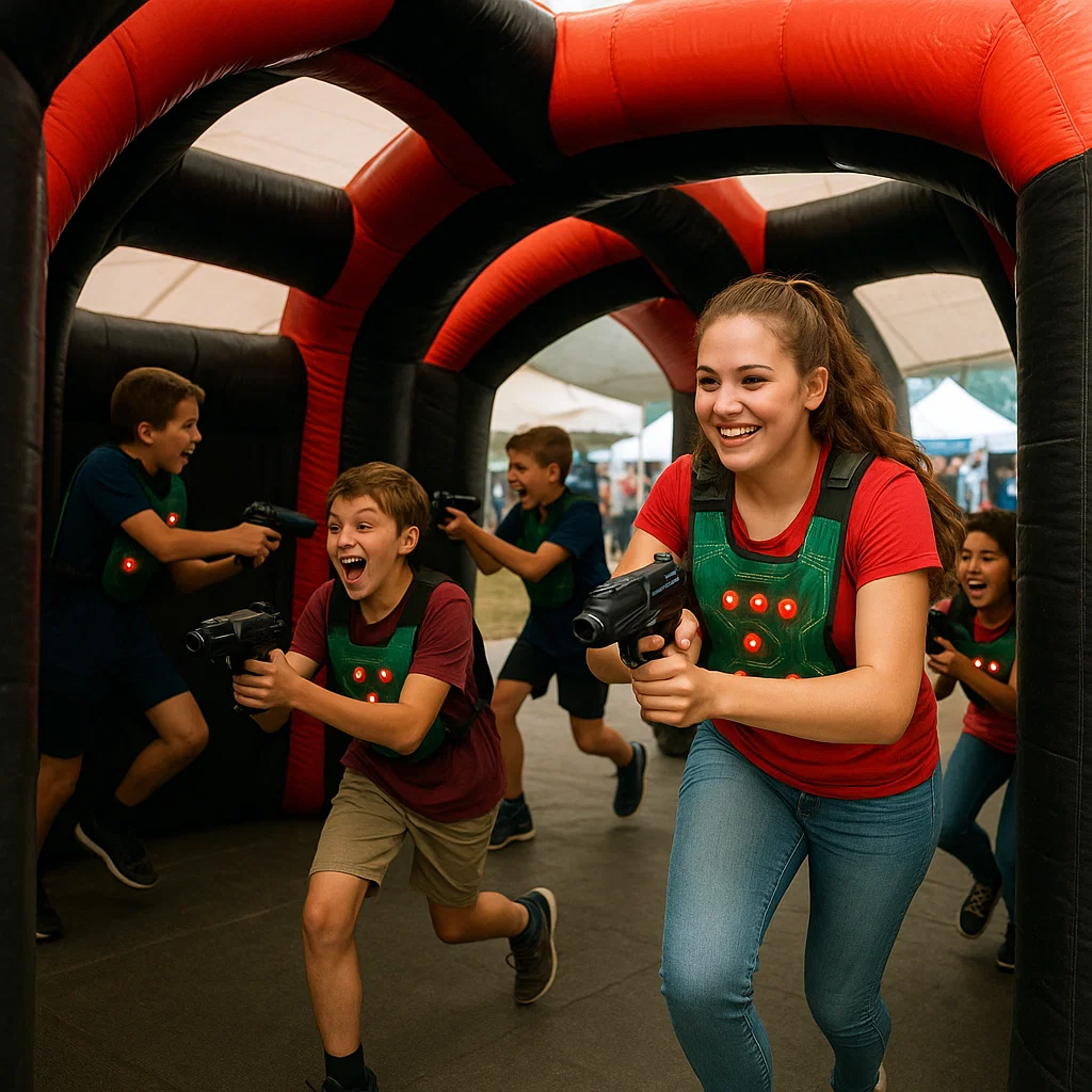 Laser tag rentals — kids forming a strategy circle