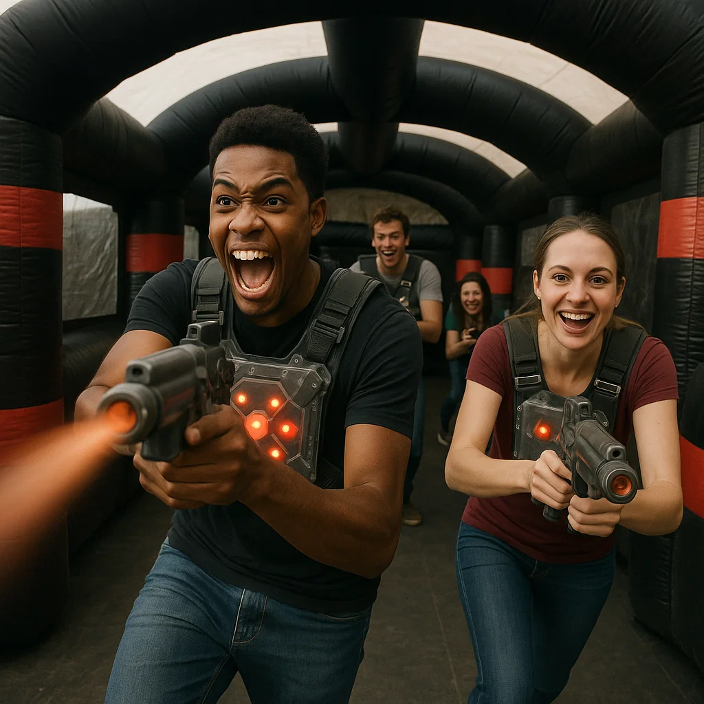 Laser tag rentals — neon arrows guiding players in glow mode