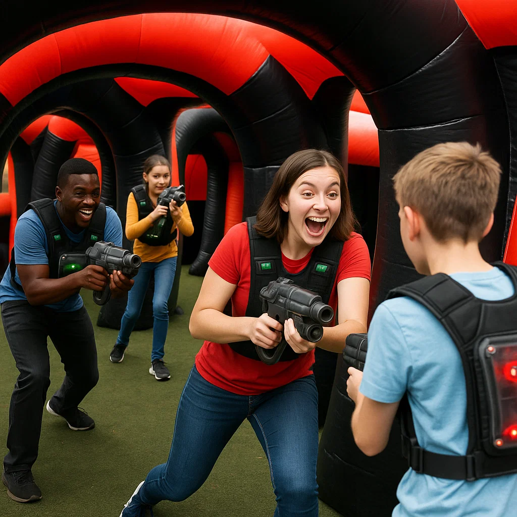 Laser tag rentals — confident pose with rental taggers