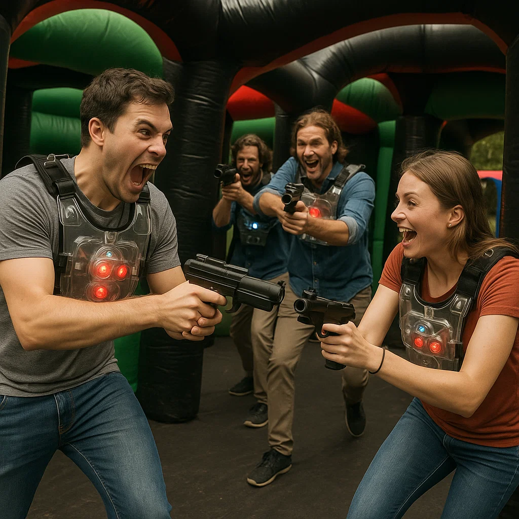 Laser tag rentals — team photo inside portable arena