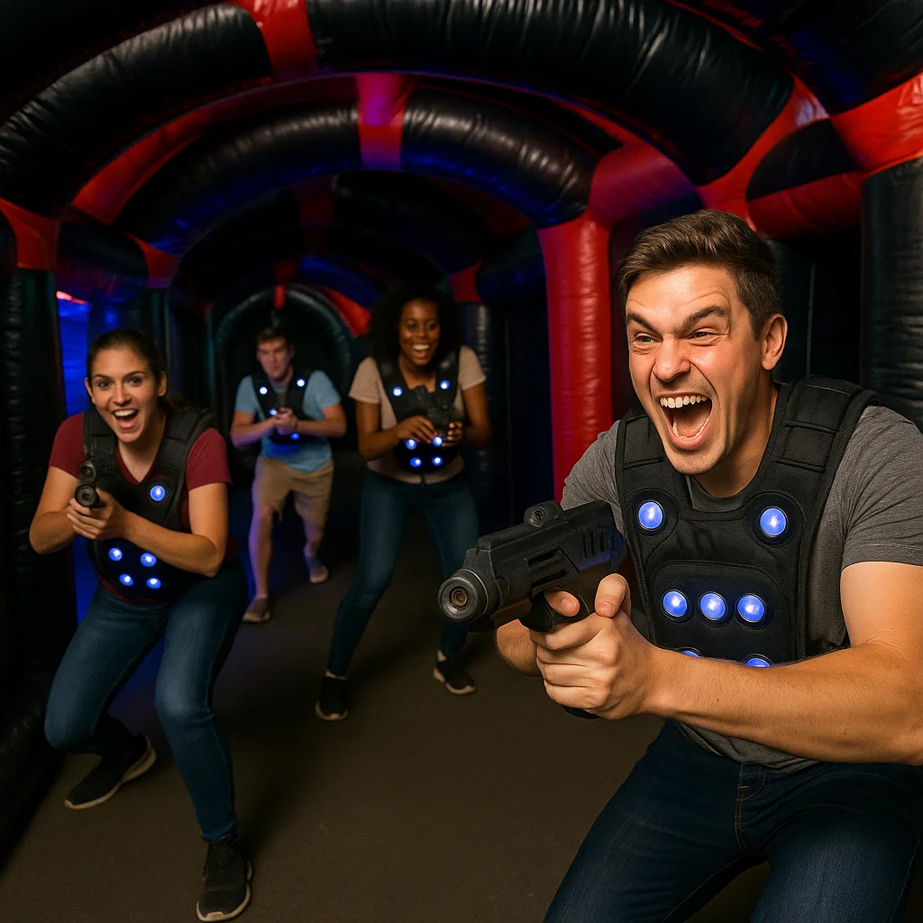 Laser tag rentals — quick reload behind inflatable cube