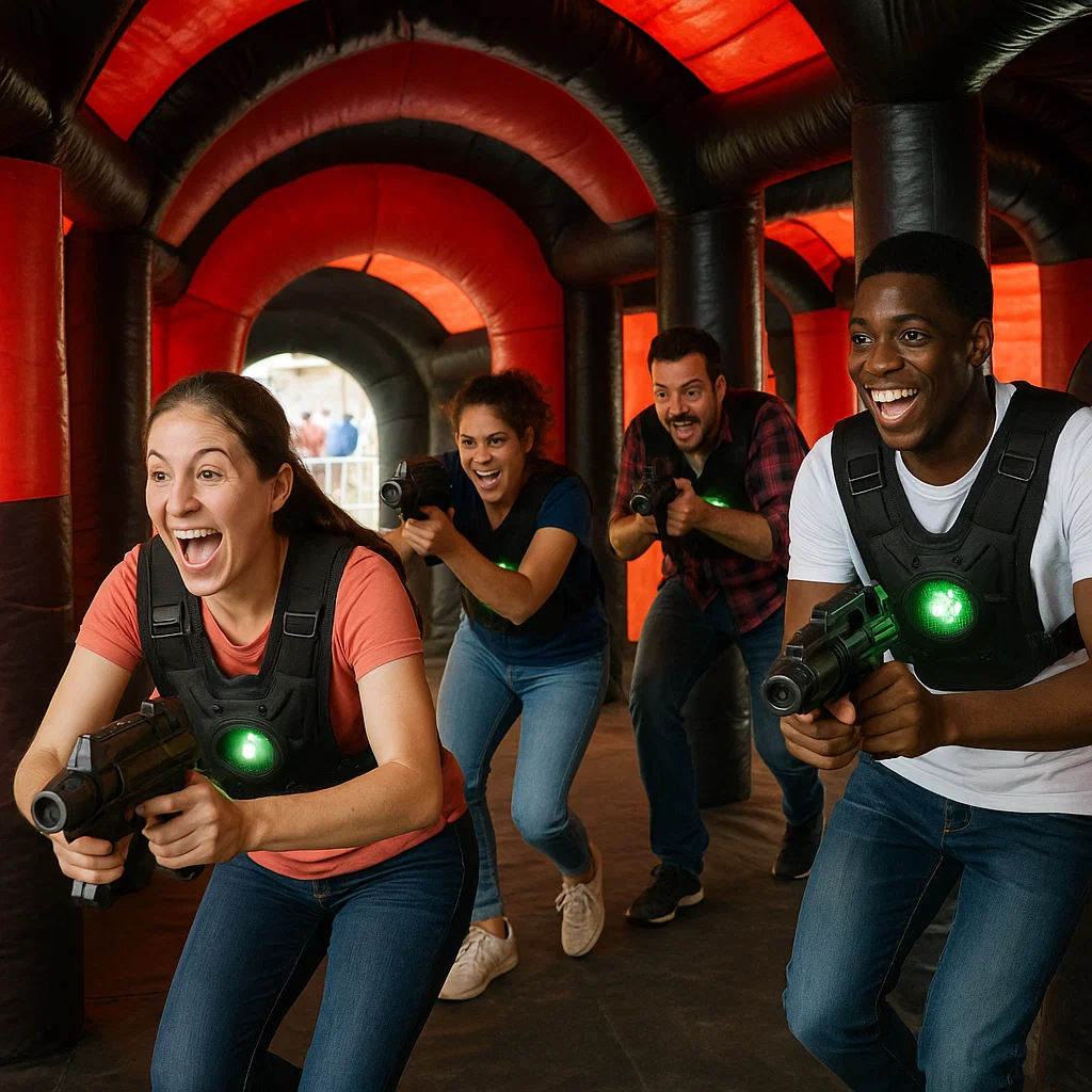 Laser tag rentals — careful aim through bunker window