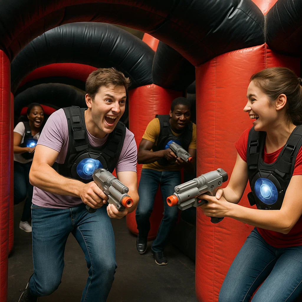 Laser tag rentals — kids laughing during safety demo