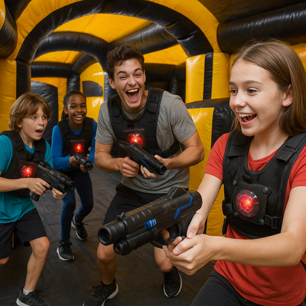 Laser tag rentals — teammates duck and pop to tag