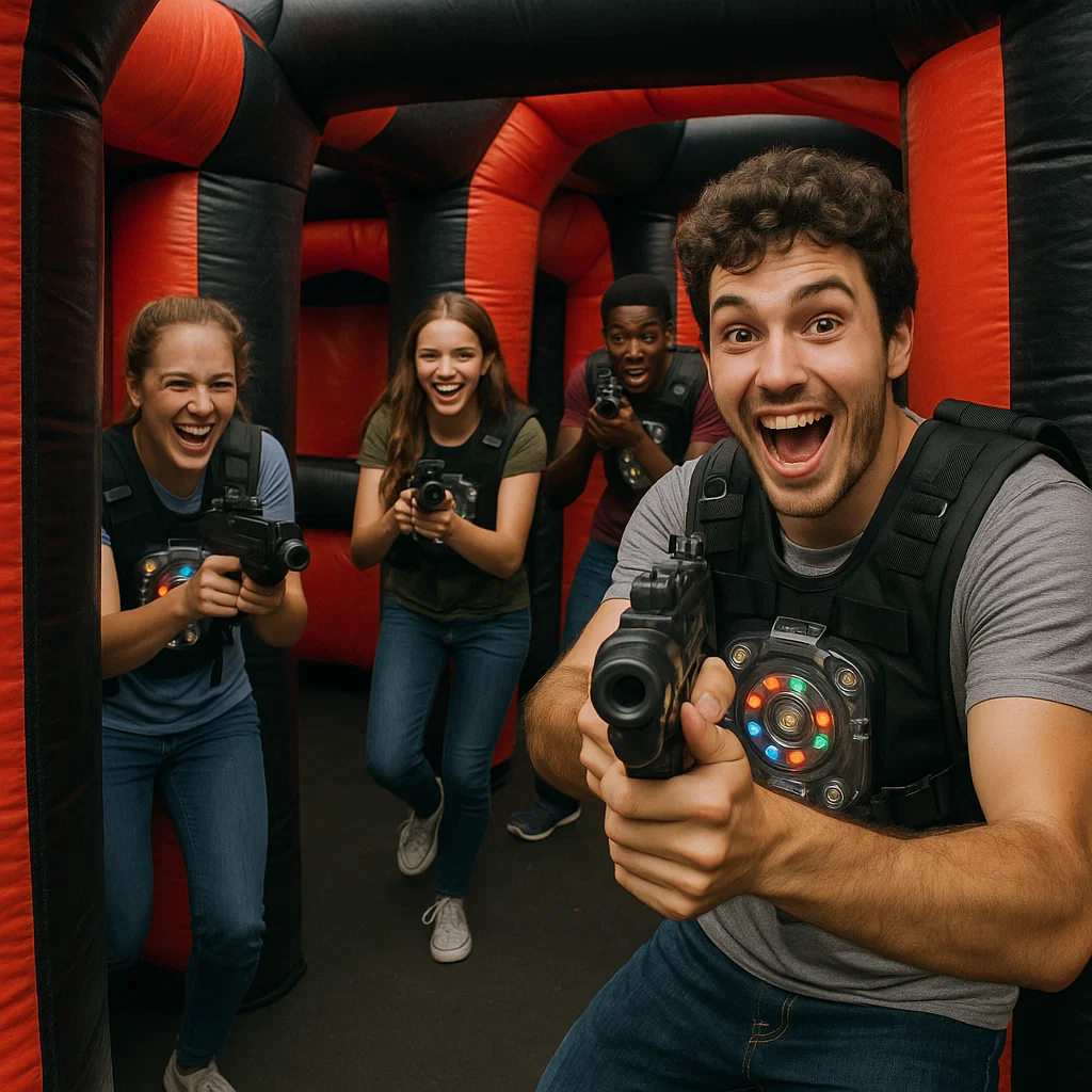 Laser tag rentals — blacklight fog effect adds drama