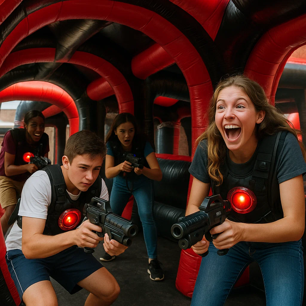 Laser tag rentals — kids practicing aim before play