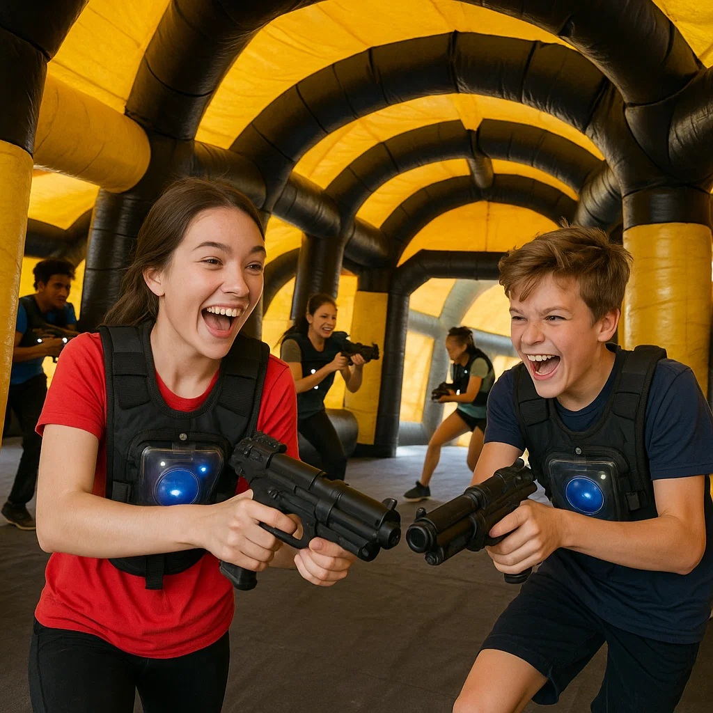 Laser tag rentals — birthday banner beside the arena