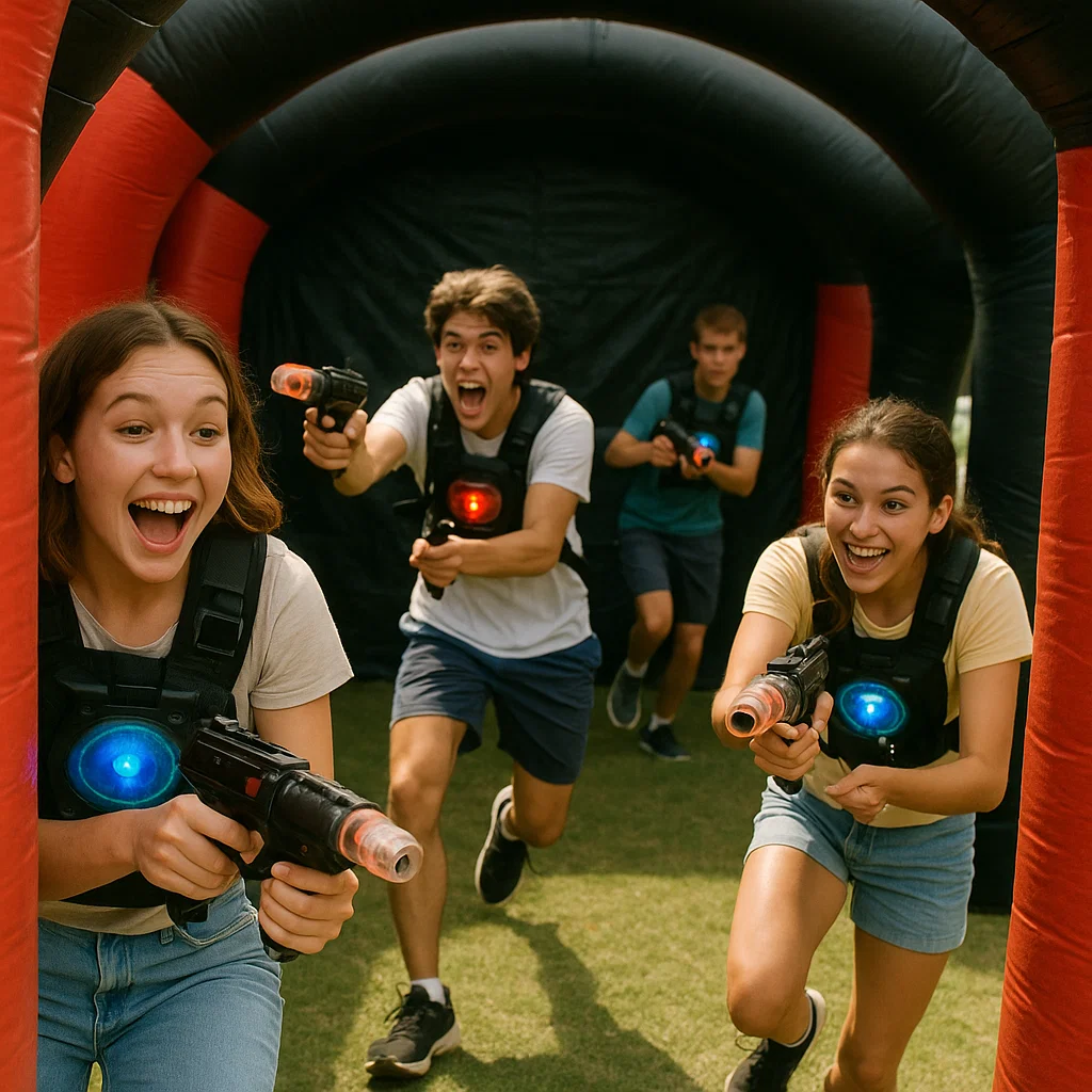 Laser tag rentals — squad crouched for stealth approach