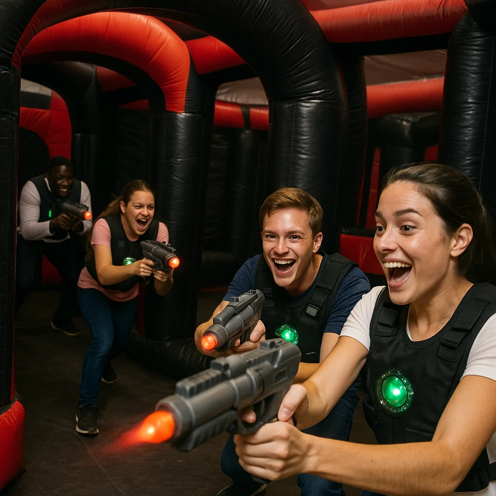 Laser tag rentals — kids waving to the camera mid-game