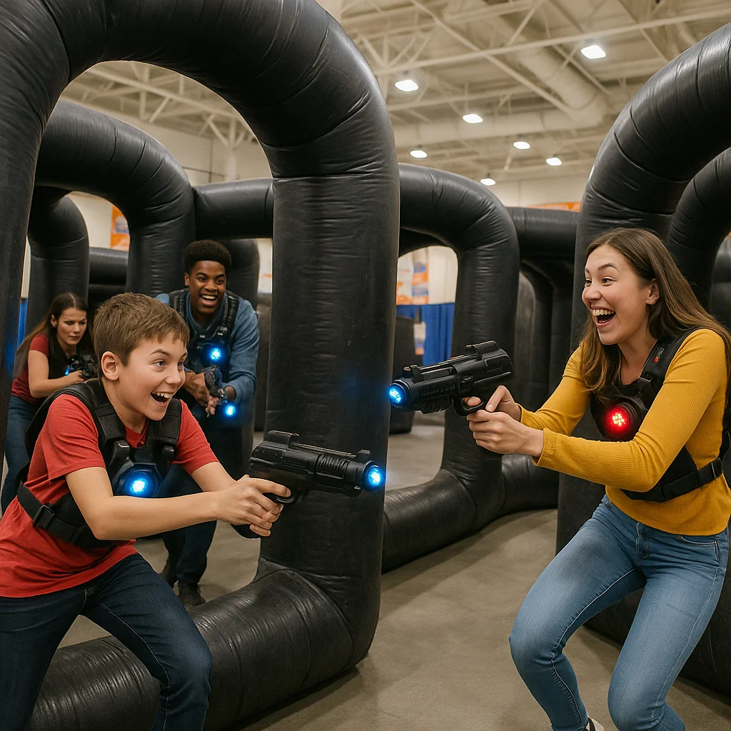 Laser tag rentals — teammates trade cover fire gestures