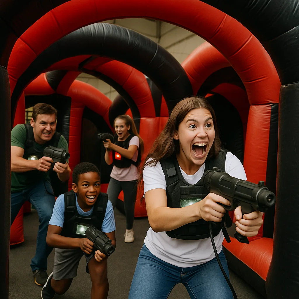 Laser tag rentals — objective marker glowing on turf