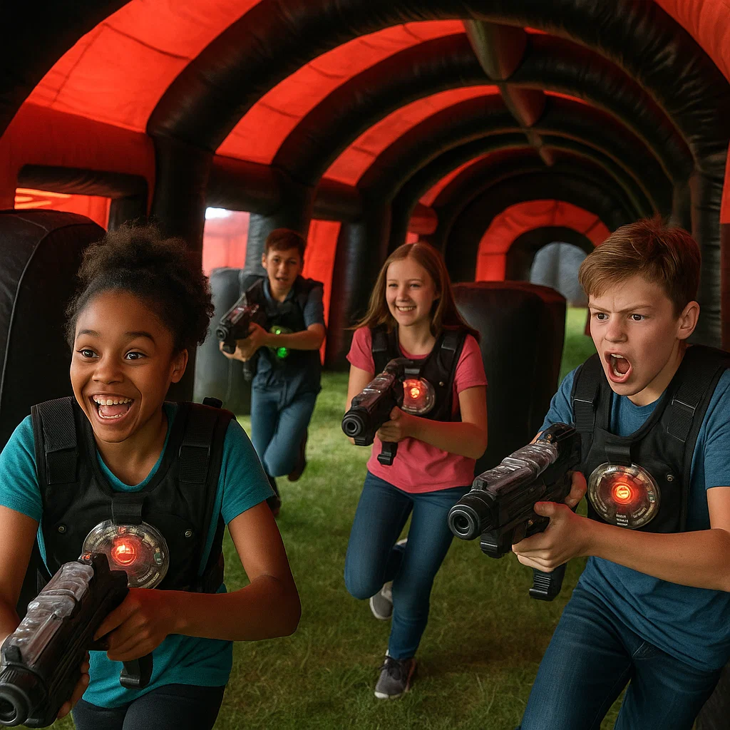 Laser tag rentals — laughing group walking off arena