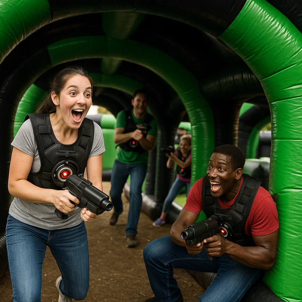 Laser tag rentals — players stretching before next round