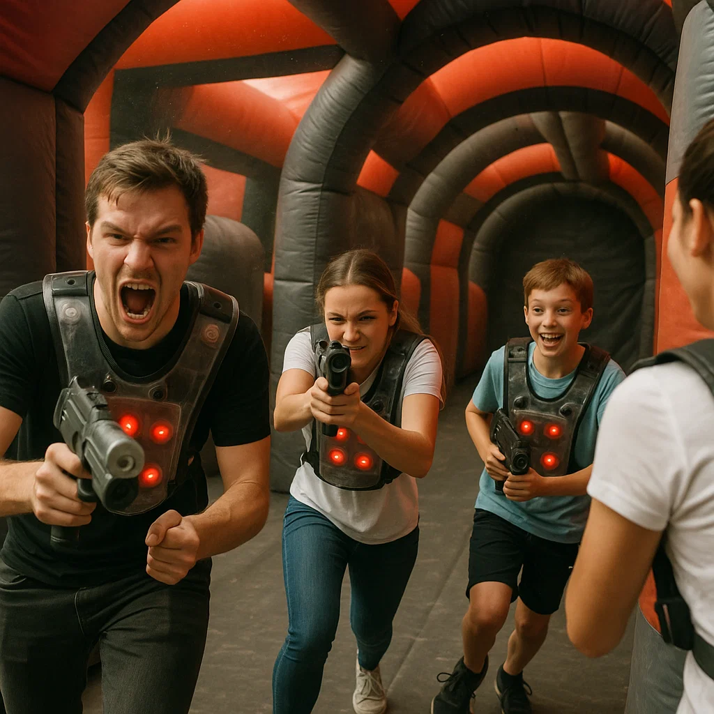 Laser tag rentals — teammates celebrate flawless round