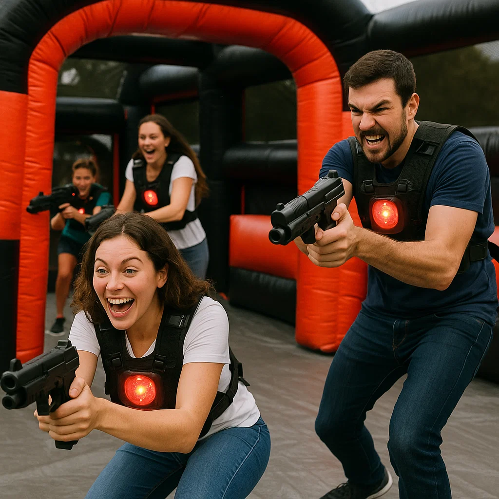 Laser tag rentals — jump over small inflatable barrier