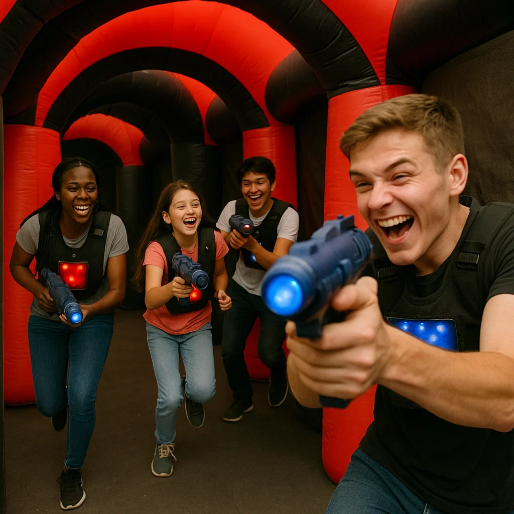 Laser tag rentals — two kids laughing behind cover