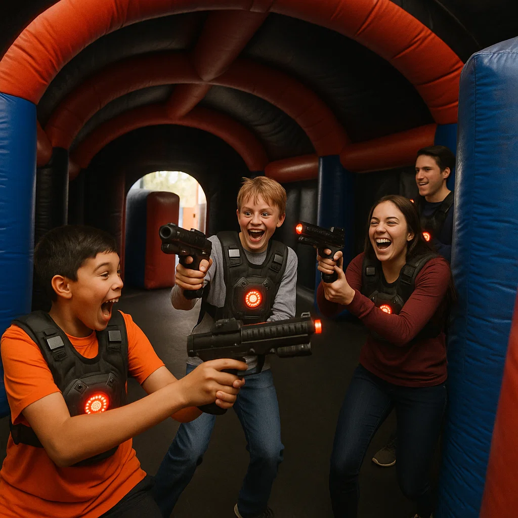 Laser tag rentals — dad and daughter team smiling