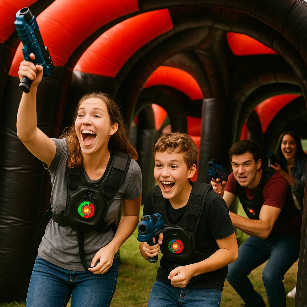 Laser tag rentals — coach handing out sanitized gear