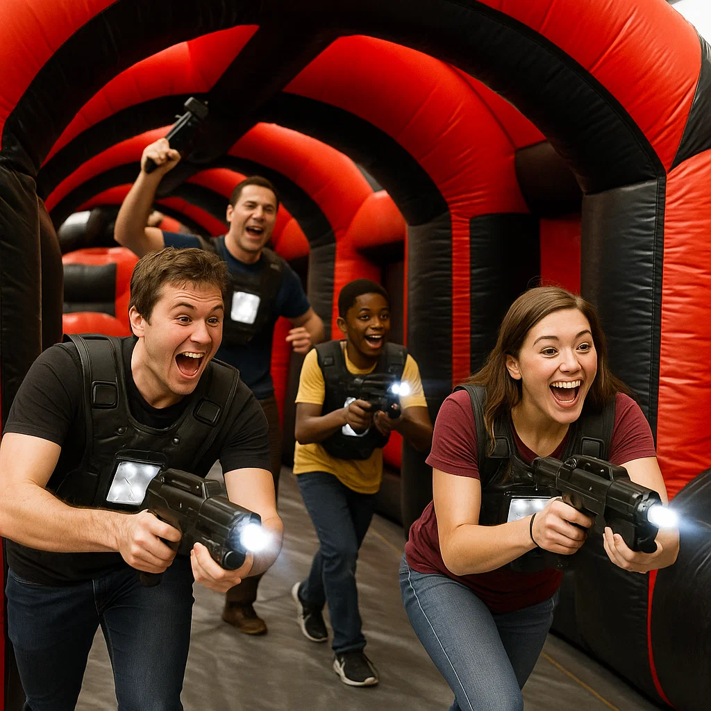 Laser tag rentals — cheerful team photo after victory