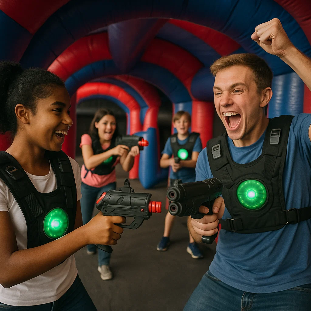 Laser tag rentals — crouched aim through window slot