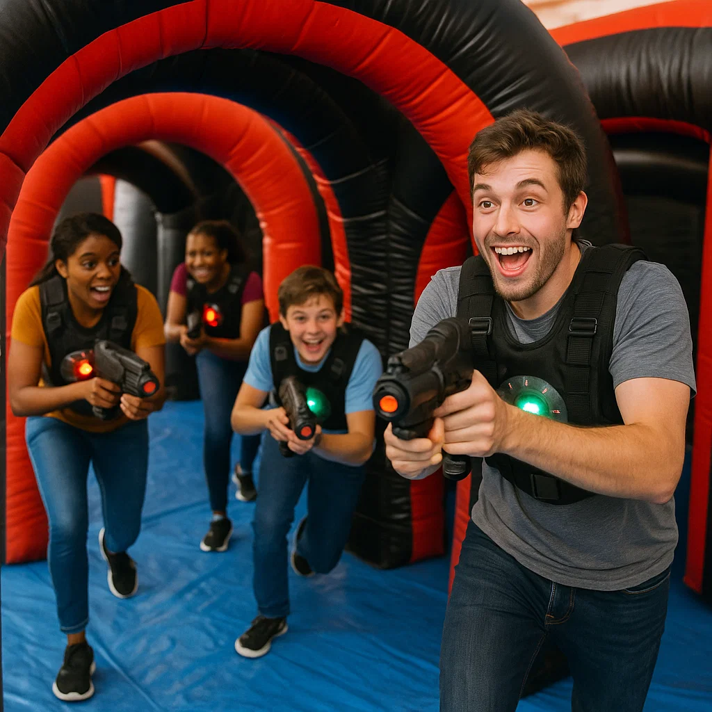 Laser tag rentals — staff resets cones between rounds