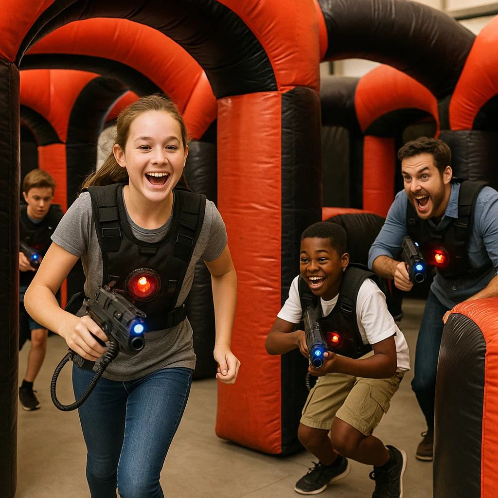 Laser tag rentals — kids cheering from sideline benches