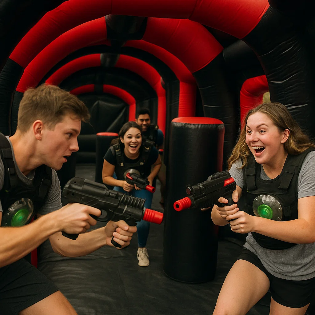 Laser tag rentals — cross-court sprint into bunker