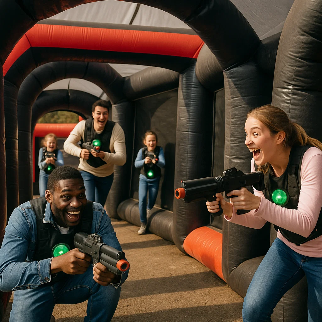 Laser tag rentals — pose with arena arch logo