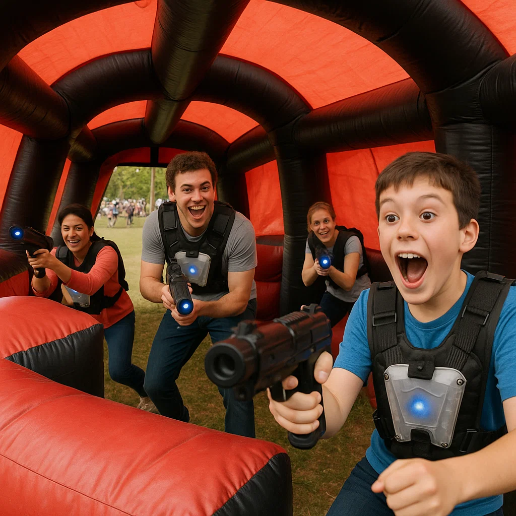 Laser tag rentals — over-the-shoulder aim down lane
