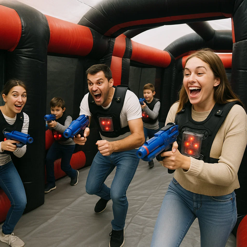 Laser tag rentals — teammates whisper last-second plan
