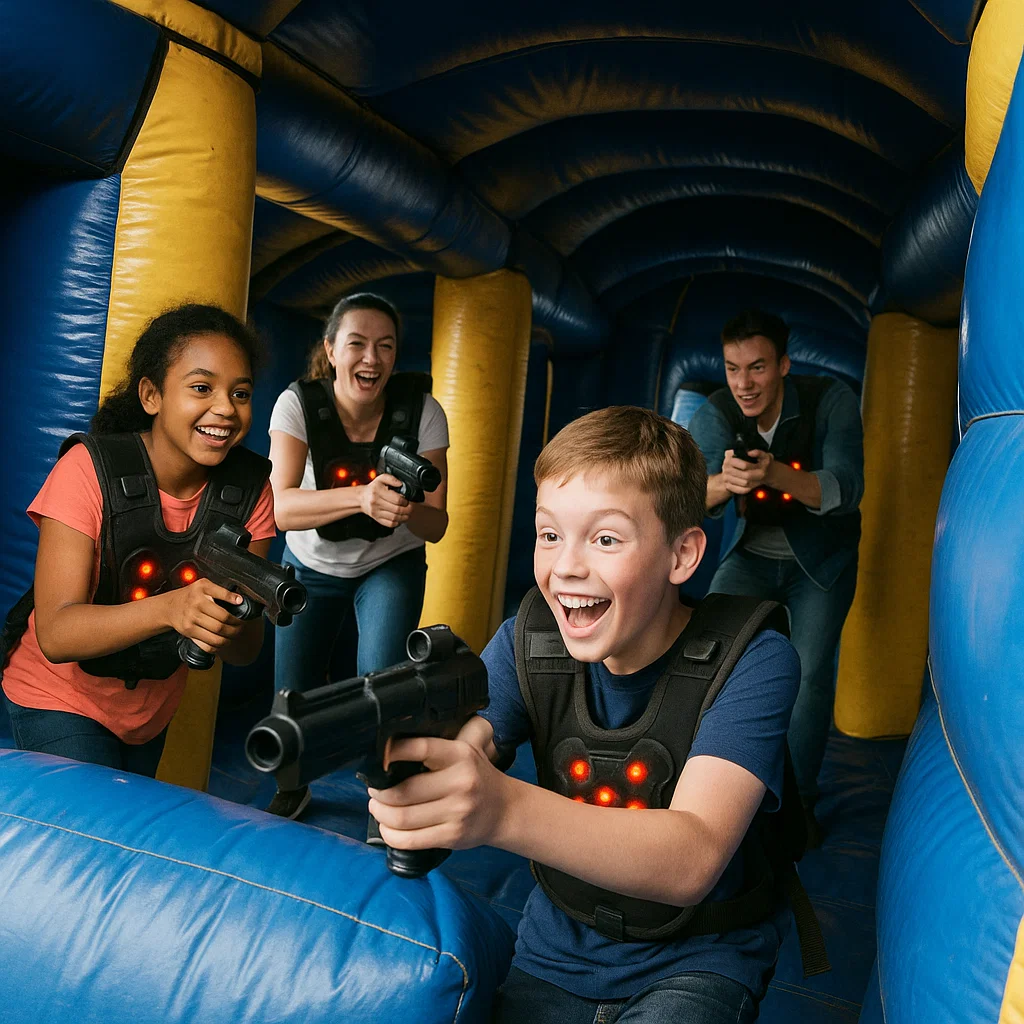 Laser tag rentals — kids chase each other laughing