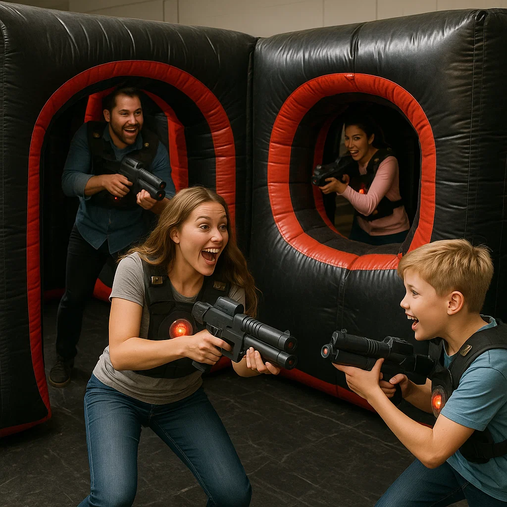Laser tag rentals — high-energy sprint under LED arch