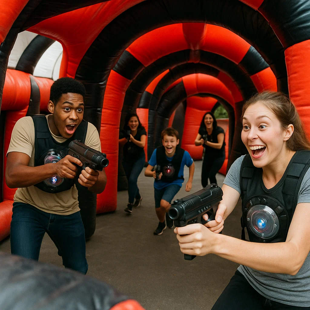 Laser tag rentals — careful footwork around corner