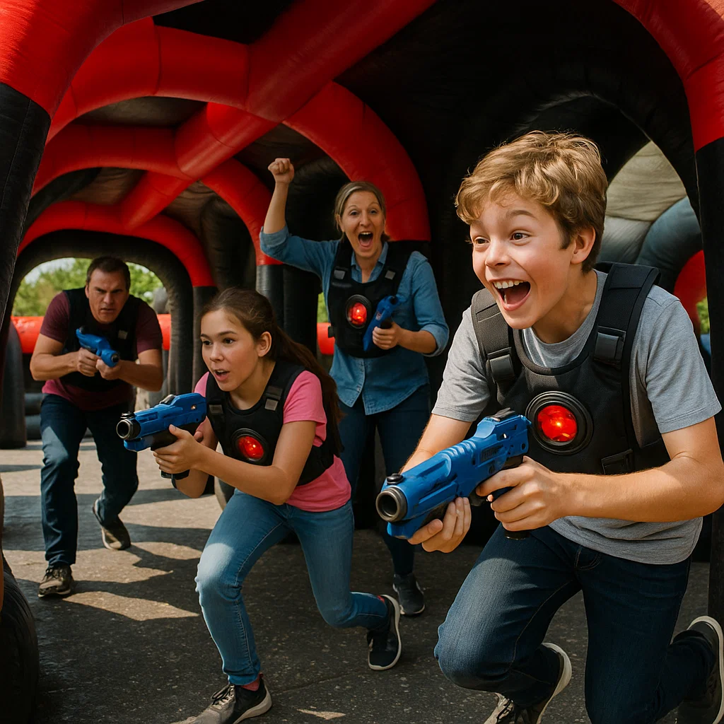 Laser tag rentals — smile through clear safety goggles