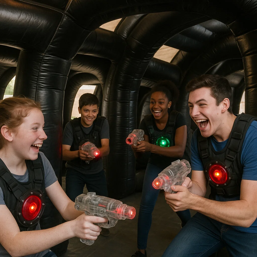 Laser tag rentals — friends compare tagger settings