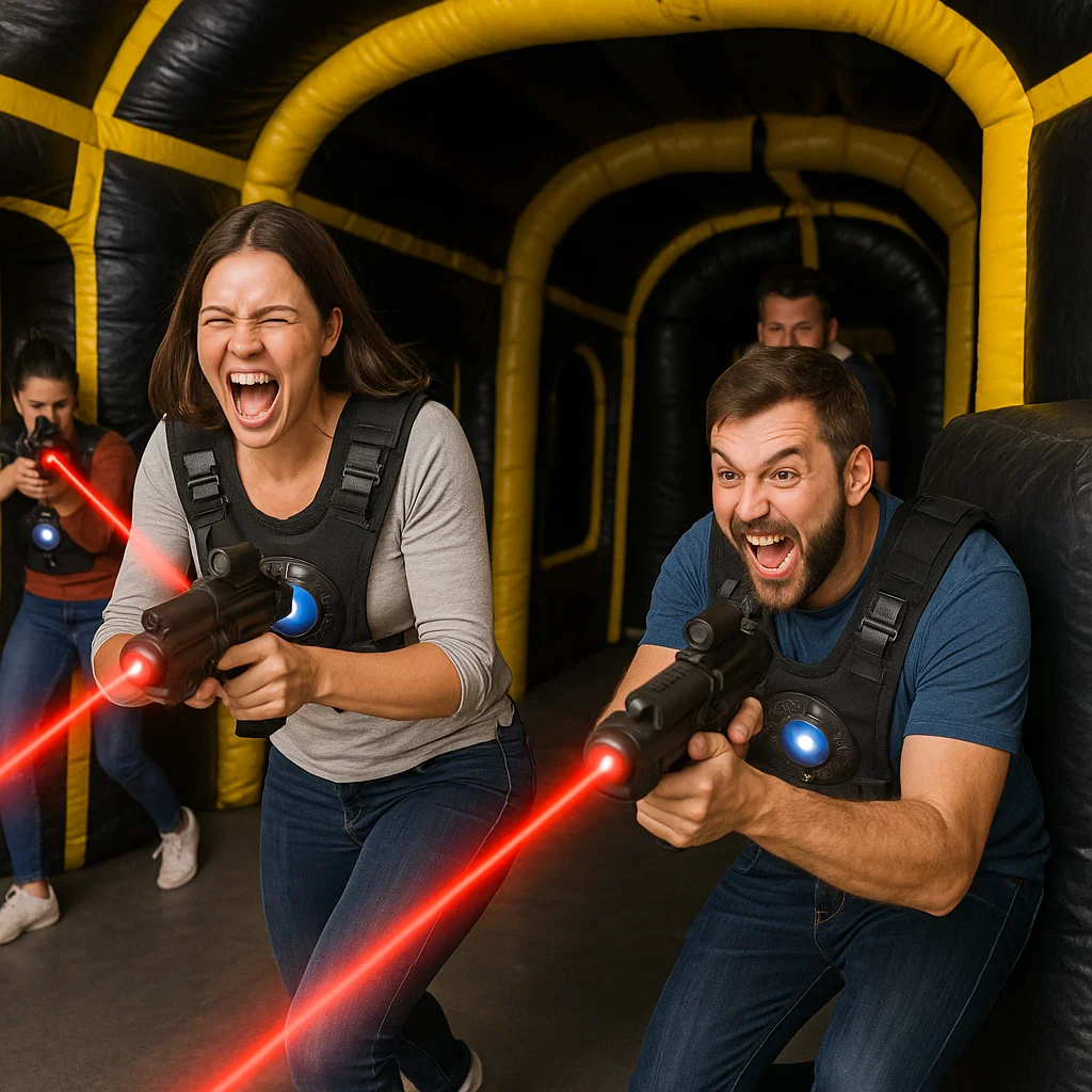 Laser tag rentals — teammate points out flanking route