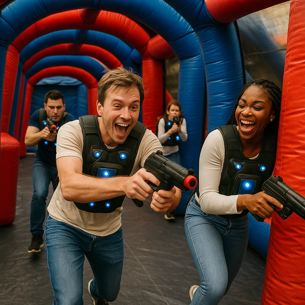 Laser tag rentals — tagger raised while sliding to cover
