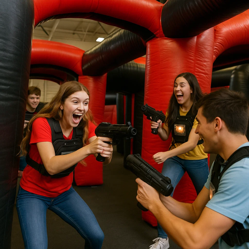 Laser tag rentals — siblings teaming up against friends
