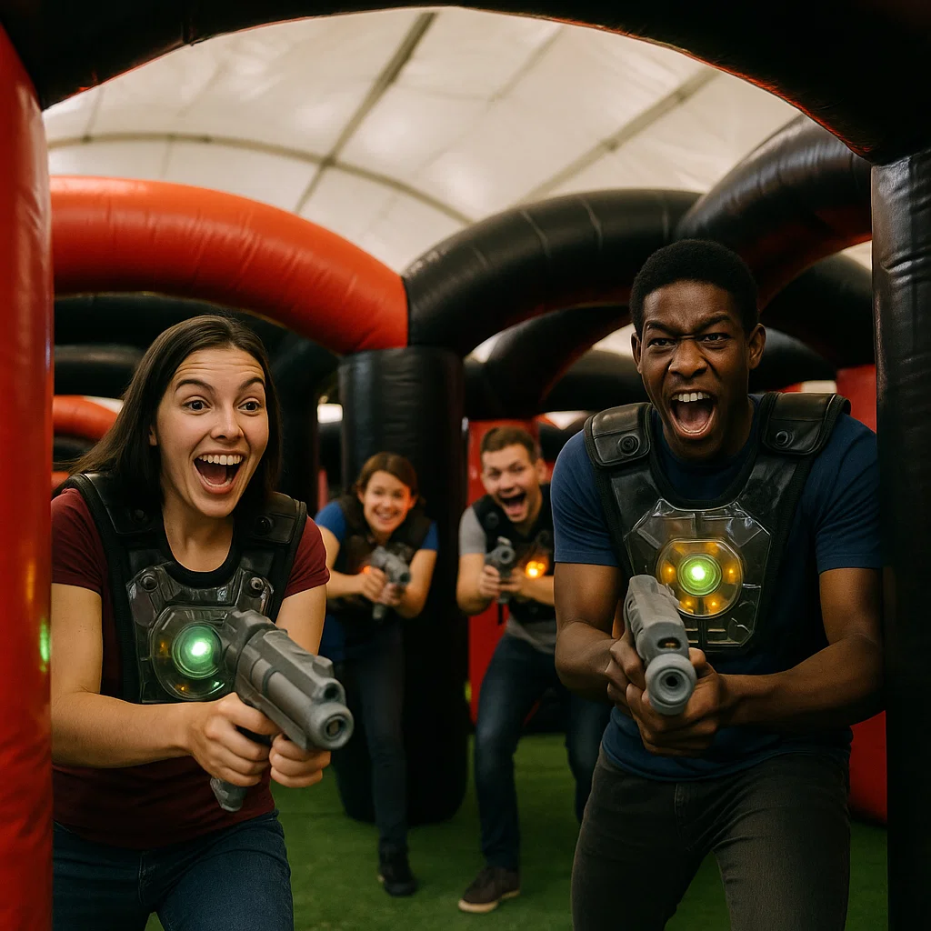 Laser tag rentals — players grin under blacklight glow