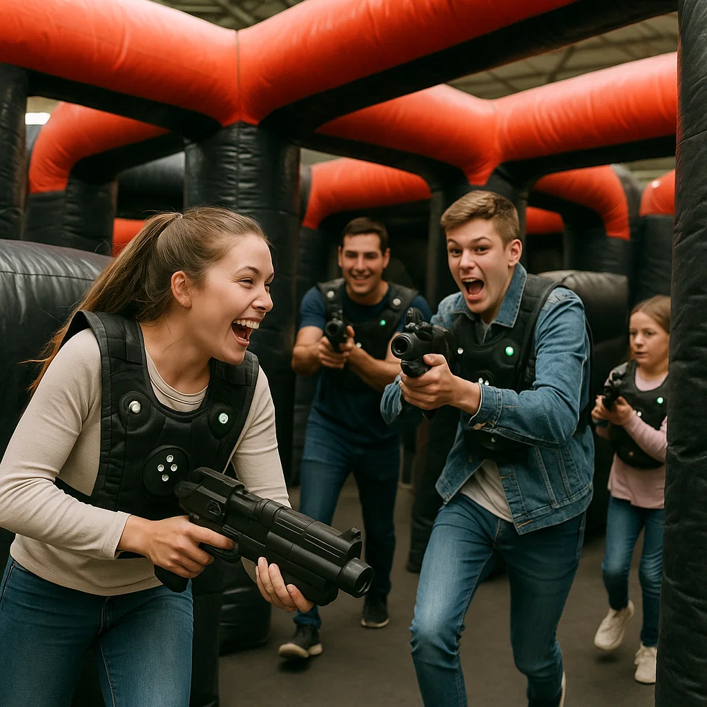 Laser tag rentals — zone defense around inflatable castle