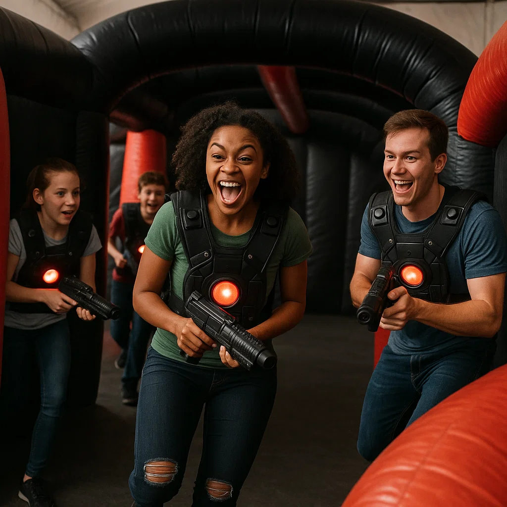 Laser tag rentals — players stretch between matches