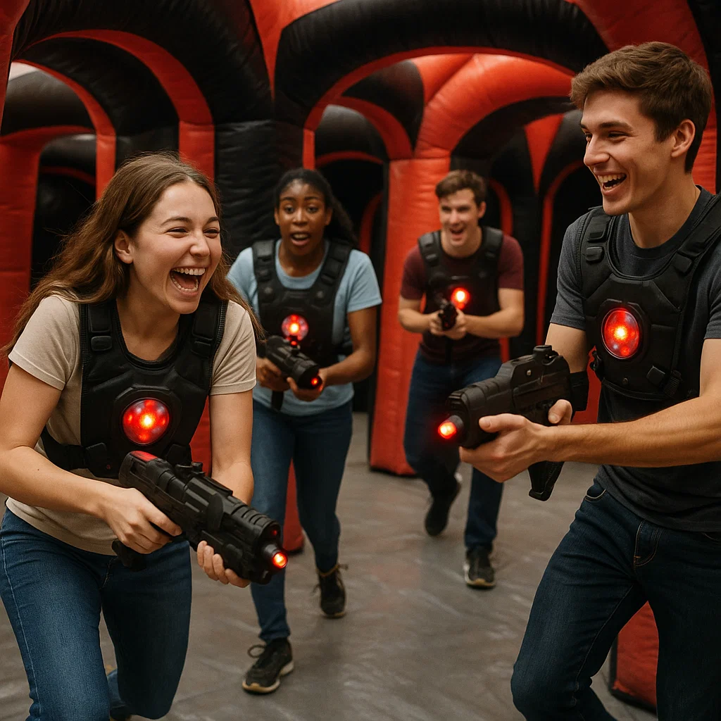 Laser tag rentals — players give playful thumbs up