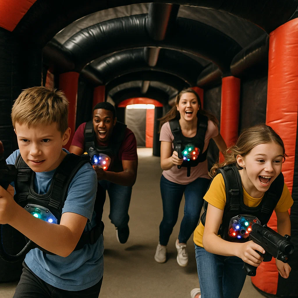 Laser tag rentals — teammates scan the upper deck