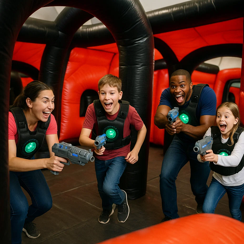 Laser tag rentals — wide grin after perfect shot