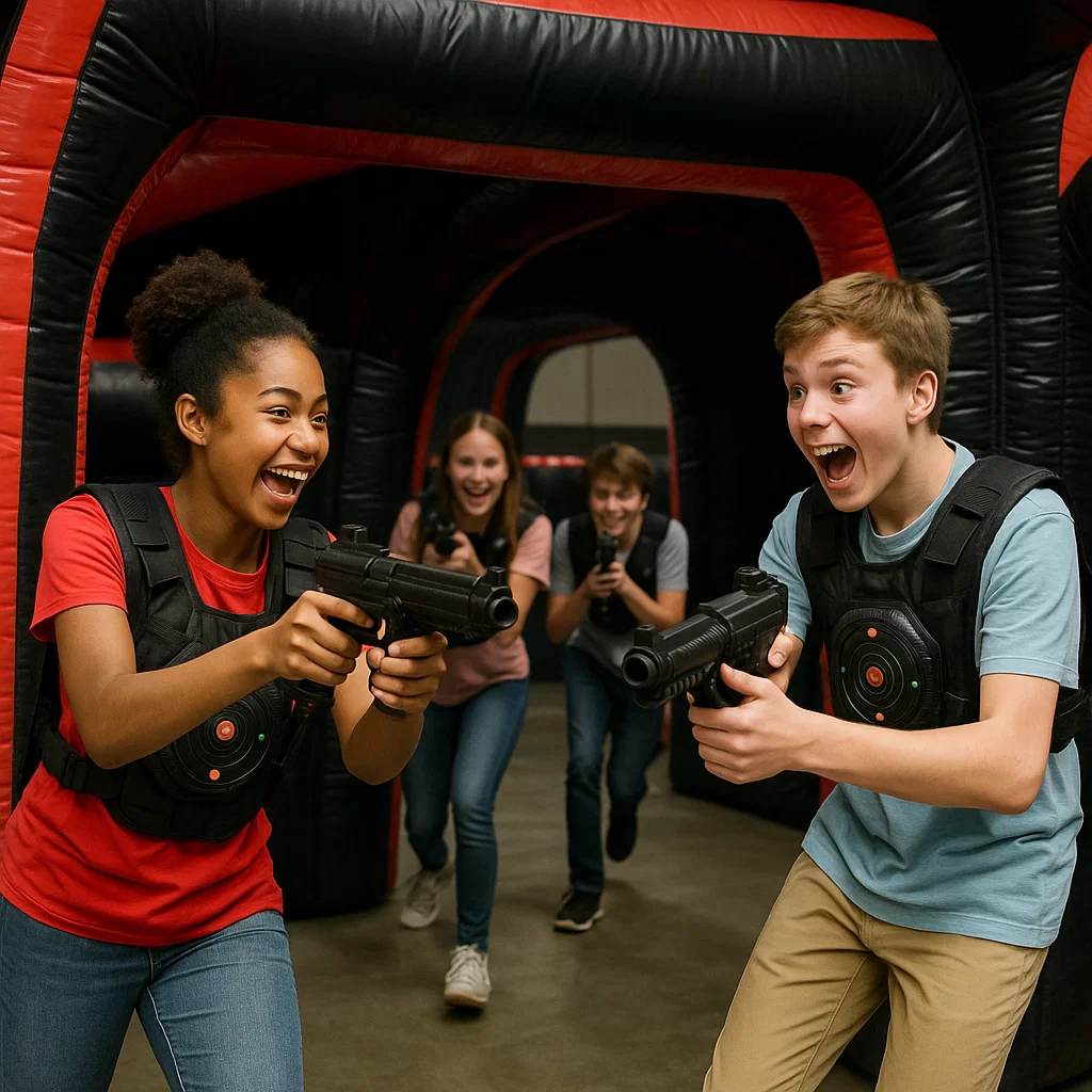 Laser tag rentals — guardian cheering from sidelines