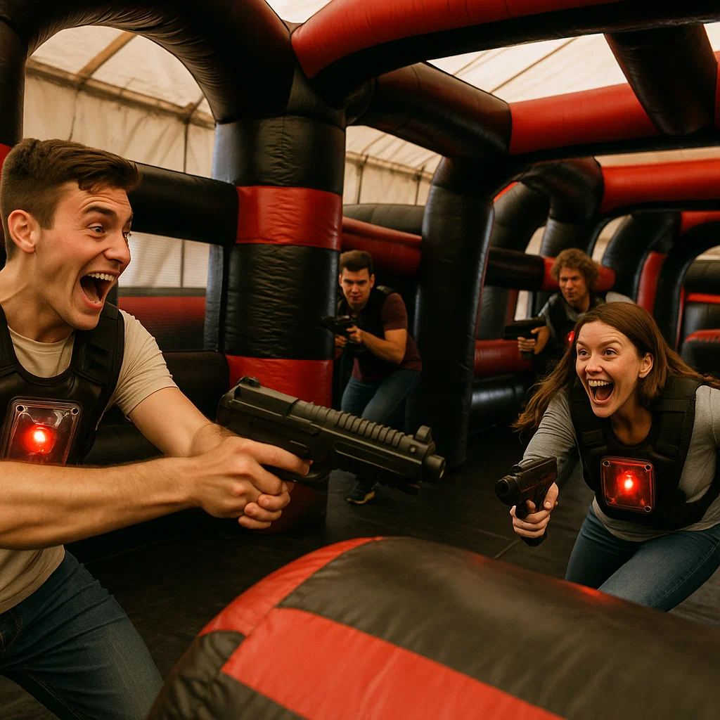 Laser tag rentals — group stretch and water break