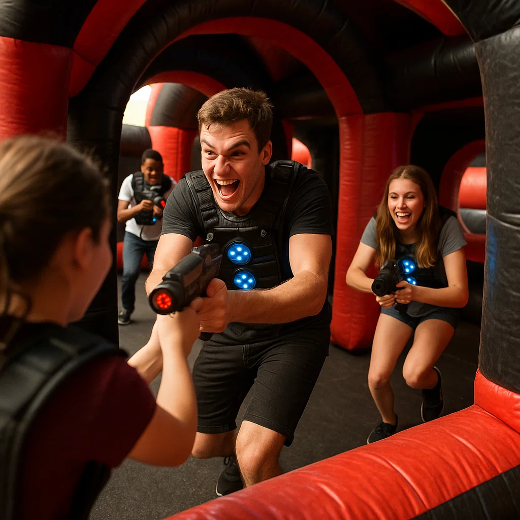 Laser tag rentals — opponents shake hands in line